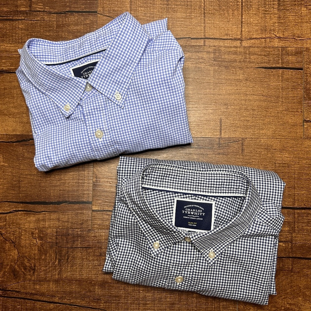 Lot of 2 Charles Tyrwhitt Shirt Mens L Slim Fit Non Iron‎ Blue Gingham Cotton